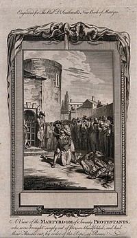 The martyrdom of seventy Protestants in Rome: a man kneels outside a prison, having the executioner covering his eyes with his hands and is about to have his throat cut while monks avert their eyes in horror. Etching after D. Dodd.