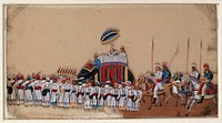 A high ranking man sitting under a parasol on an elephant, preceded by a group of soldiers on foot and followed by four soldiers on horseback. Gouache painting on mica by an Indian artist.