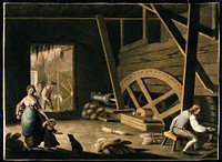 A mill in Northern Ireland in which flax is processed to make linen: (right) the flax is broken between rotating rollers, then (left) scutched by blades on a rotating wheel; a woman with a child carries away bundles of flax. Coloured stipple engraving by W. Hincks, 1791.