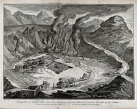 "Vulcan's cave" on the Solfatara, near Naples, showing volcanic gases and the processing of alum. Etching by Bénard after Delarue.
