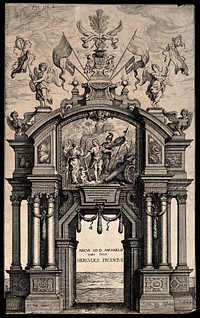 An arch decorated with a panel representing Ferdinand of Spain as Hercules choosing duty over pleasure. Etching by T. van Thulden after Sir P.P. Rubens.