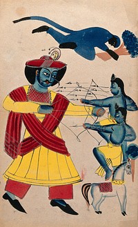 Rama fighting his sons Lava and Kusa with Hanuman helping. Watercolour drawing.