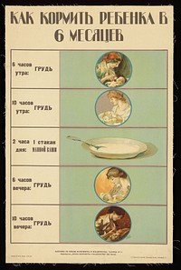 Advice to mothers on feeding infants. Colour lithograph by O. Gri︠u︡n, 1922.