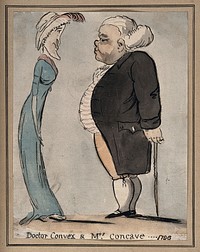 An obese man talking to a tall lean woman. Pen drawing, 1796.
