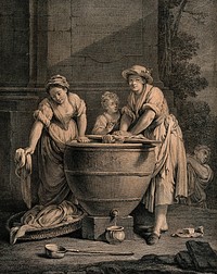 Two women accompanied by a child are washing clothes in a large vessel. Engraving by C. Le Vasseur after G. Gambarini.