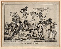 A travelling procession of health officials who ironically praise the coming of vaccination. Etching.