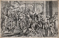 Saint Roch dispensing charity. Etching, 1610, after Annibale Carracci.