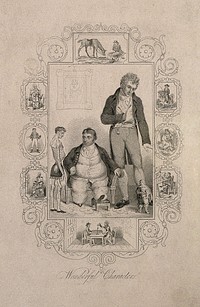 Claude-Ambroise Seurat, Daniel Lambert, Jeffery Hudson and an unidentified giant, surrounded by eight vignettes of other characters. Stipple engraving.