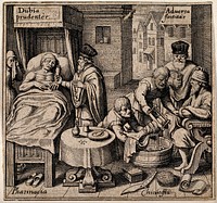 A physician giving a medicine to a sick man in bed, and a surgeon, supervised by a physician, amputating the leg of seated patient, representing pharmacy and surgery respectively. Engraving, 1646.