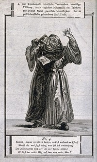 An old monk in his habit drinks from a large glass and waves with his left hand. Engraving.