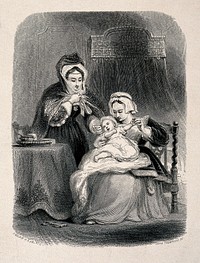 A female servant holds a small child while its fashionably dressed mother touches its face on her way out. Wood engraving by J. Thompson, 1840, after D. Wilkie.
