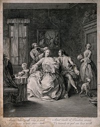 A woman at her toilet, having her hair dressed by a male assistant; a small girl holds her hand, and a man sits next to her; in the left is a female assistant who is looking at a dog. Engraving by G. Flipart after himself.