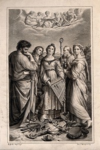Saint Cecilia with Saint Paul the Apostle, Saint John the Evangelist, a bishop and Saint Mary Magdalen. Drawing by F. Rosaspina, c. 1830, after Raphael.