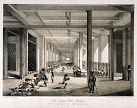 A busy balling room in the opium factory at Patna, India. Lithograph after W. S. Sherwill, c. 1850.
