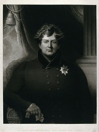 King George IV, seated in an armchair, holding a glove in his right hand. Mezzotint by J. Bromley after R. Bowyer, 1827.