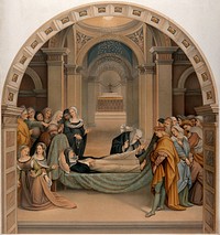 Saint Agnes of Montepulciano raising her foot when kissed by Saint Catherine of Siena. Chromolithograph.