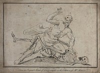 A skeleton wrestling with a man, the man seems to be winning. Engraving by R. Livesay after W. Hogarth.