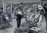 Boer War: the ward of a hospital ship in which a nurse converses with an anxious lady and her daughter. Gouache painting by F. Dickinson, 1899.