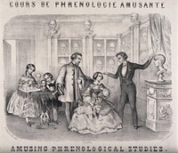 A phrenologist and some society people in a parlour. Lithograph by H. Jannin after L.C. Bommier .