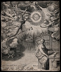The Virgin looks away from her Bible as the angel appears, bearing lilies. Engraving by C. Visscher after A. de Weerdt.