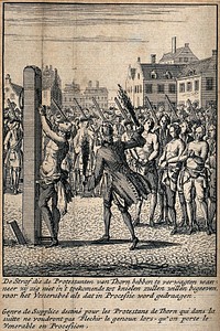 A Protestant from Thorn is fastened to a stake by a ring around his waist and a rope around his neck and publicly flogged with rods. Etching with engraving.