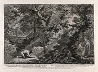 Adam prays in the Garden of Eden. Etching by J.E. Ridinger after himself, c. 1750.