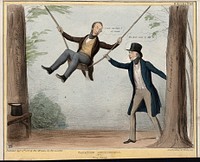 Charles Wood sits in a swing pushed by Lord Howick between the trunks of two trees inscribed "Whig radicalism" and "Conservatism". Coloured lithograph by H.B. (John Doyle), 1840.