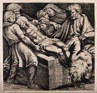Christ's body is carried to its tomb. Etching after Raphael, 1506-7.