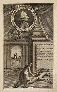 Francesco Bonsi: above, his portrait in a roundel; below, a horse-rider, and Bonsi dissecting the cadaver of a horse. Line engraving, 1795.
