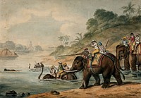 Tiger hunting in India: men riding elephants shoot at a tiger that tries to escape by swimming across a river. Watercolour, 18--.