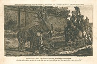 An episode in Tristram Shandy: Doctor Slop, having fallen off his horse, is greeted by Obadiah. Etching after L. Sterne.