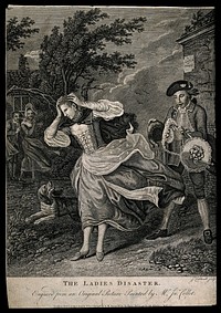 A young woman's wig and hat being swept away by a gust of wind; behind her a young man is laughing, to the left stand an amused couple. Engraving by J. Caldwell, 1771, after J. Collet.