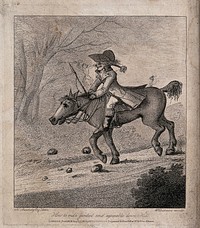 A man is on horseback riding down a hill. Etching by H. Bunbury.