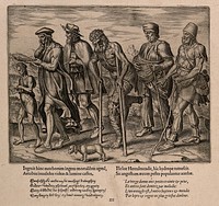A procession of blind and physically disabled people; allegory about sticks: how children are afraid of the rod but disadvantaged adults come to rely on it. Engraving by P. Galle, 1563.