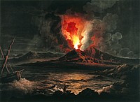 An eruption of Mount Vesuvius at night; boat and two men in the foreground. Coloured aquatint by J.W. Edy after J. More, 1800.