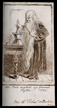 Old Parr, an elderly apothecary with an extremely long beard mixing a concoction with a pestle and mortar. Pen drawing by Matthews, 1861.