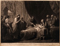 Erasistratus, a physician, realising that Antiochus's (son of Seleucus I) illness is lovesickness for his stepmother Stratonice, by observing that Antiochus's pulse rose when ever he saw her. Mezzotint by V. Green, 1776, after B. West.