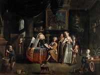 Interior with a medical practitioner, a woman holding a flask, and five other people. Oil painting in manner of Balthasar van den Bossche.
