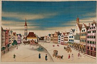 A town centre of north European origin, the foreground is peopled by figures wearing early nineteenth century costumes. Gouache painting.