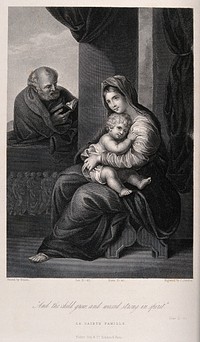 Saint Mary (the Blessed Virgin) and Saint Joseph with the Christ Child. Engraving by J. Jenkins after N. Poussin.