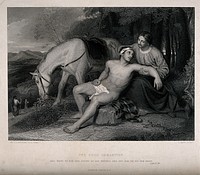 The good Samaritan helping a stranger who has been ignored by a priest and Levite. Line engraving by S. Smith after C.L. Eastlake.