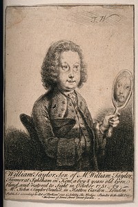 William Taylor, a boy born blind, looking in a mirror after his sight had been restored by surgery. Etching by T. Worlidge, 1751.
