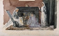 The London Fever Hospital, Liverpool Road, Islington: two nurses and a patient [] in front of a guarded fire. Watercolour painting by Nurse Flower, 1891.