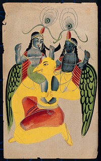Garuda carrying two identical figures possibly Krishna and Balarama. Watercolour drawing.