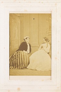 Two men in drag sitting in conversation. Photograph, 1855/1860.