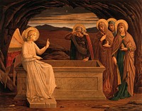 The women at the grave of Christ: anangel tells them that he is risen. Colour lithograph by M. and N. Hanhart after J.E. Goodall after Fra Angelico.