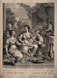 A midwife wrapping the Virgin Mary in swaddling clothes after receiving her first bath, Anna is recuperating in bed. Engraving by P. de Surugue after Pietro da Cortona.