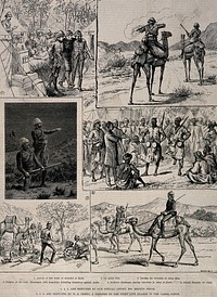 Sudan: fighting, medical and social activity. Wood engraving and process print by J.F.W. after M. Prior and W.S. Perry.