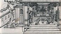 A Chinese man taking an oath before a shrine to the god Paak-tai, while another man prepares to decapitate a cock. Ink drawing, China, 18--.