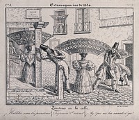 A woman is walking down the street in Buenos Aires wearing a very large head dress which is knocking people over and poking them in the eye. Lithograph by C.H. Bacle.